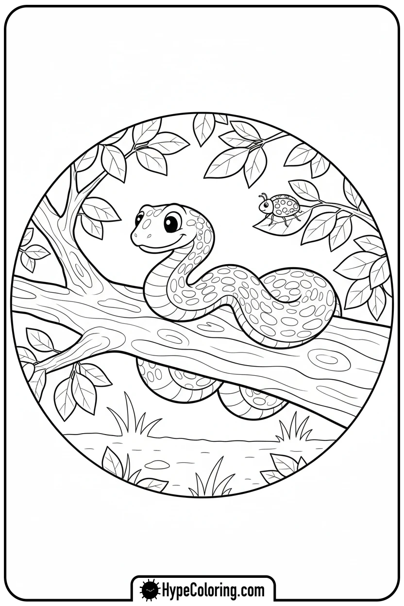 snake-coiled-on-branch - jungle animals coloring pages