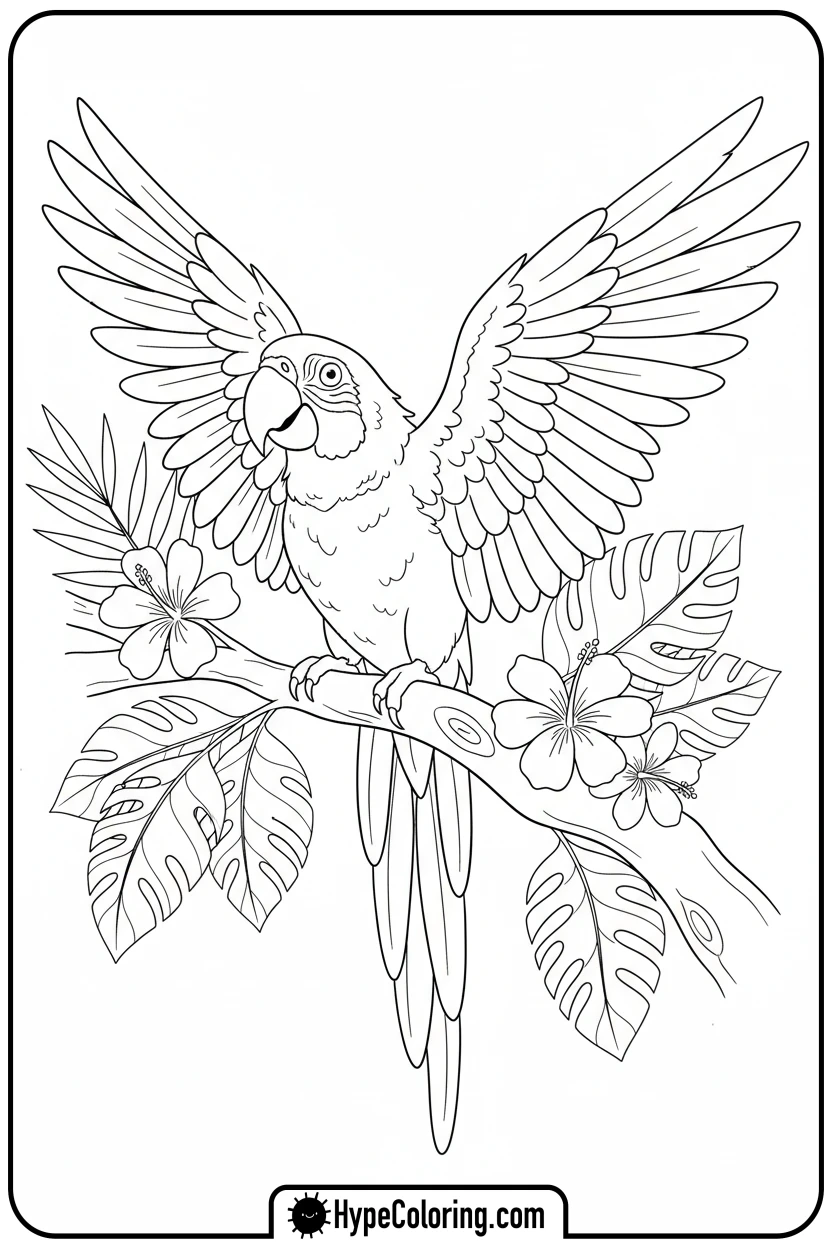 macaw-parrot-on-branch - jungle animals coloring pages