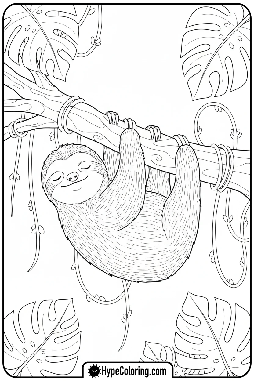 sloth-hanging-upside-down - jungle animals coloring pages