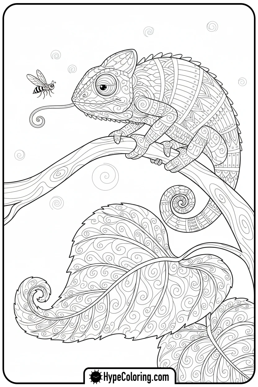 chameleon-catching-fly - jungle animals coloring pages