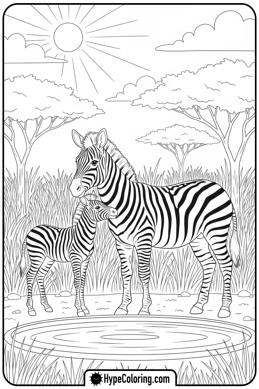 baby-zebra-with-mother - jungle animals coloring pages