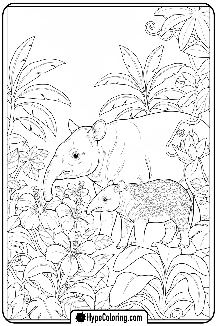tapir-sniffing-flowers - jungle animals coloring pages