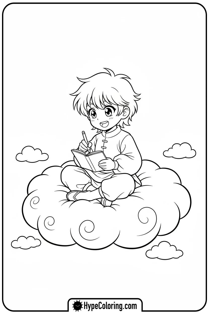anime-character-drawing-on-cloud - anime color pages