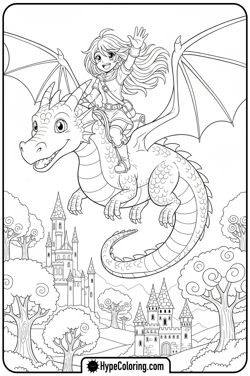 anime-character-riding-dragon - anime color pages