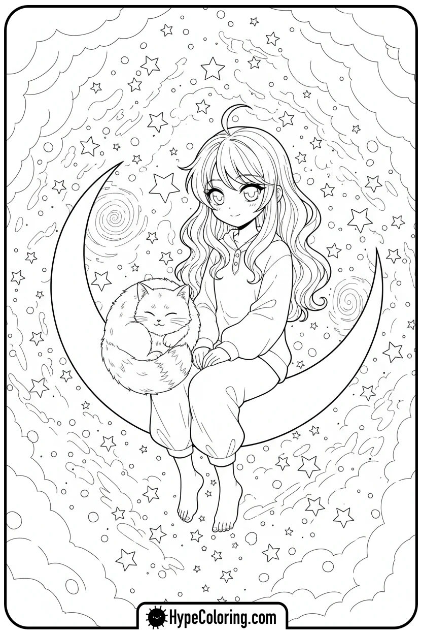 anime-character-on-moon - anime color pages
