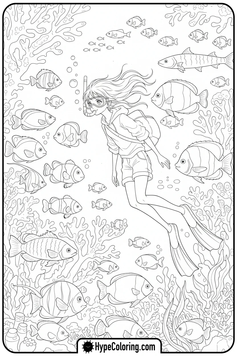 anime-character-snorkeling-reef - anime color pages