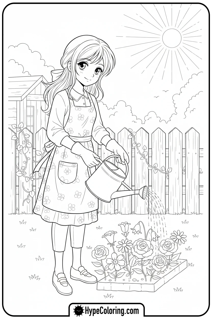 anime-character-gardening-flowers - anime color pages