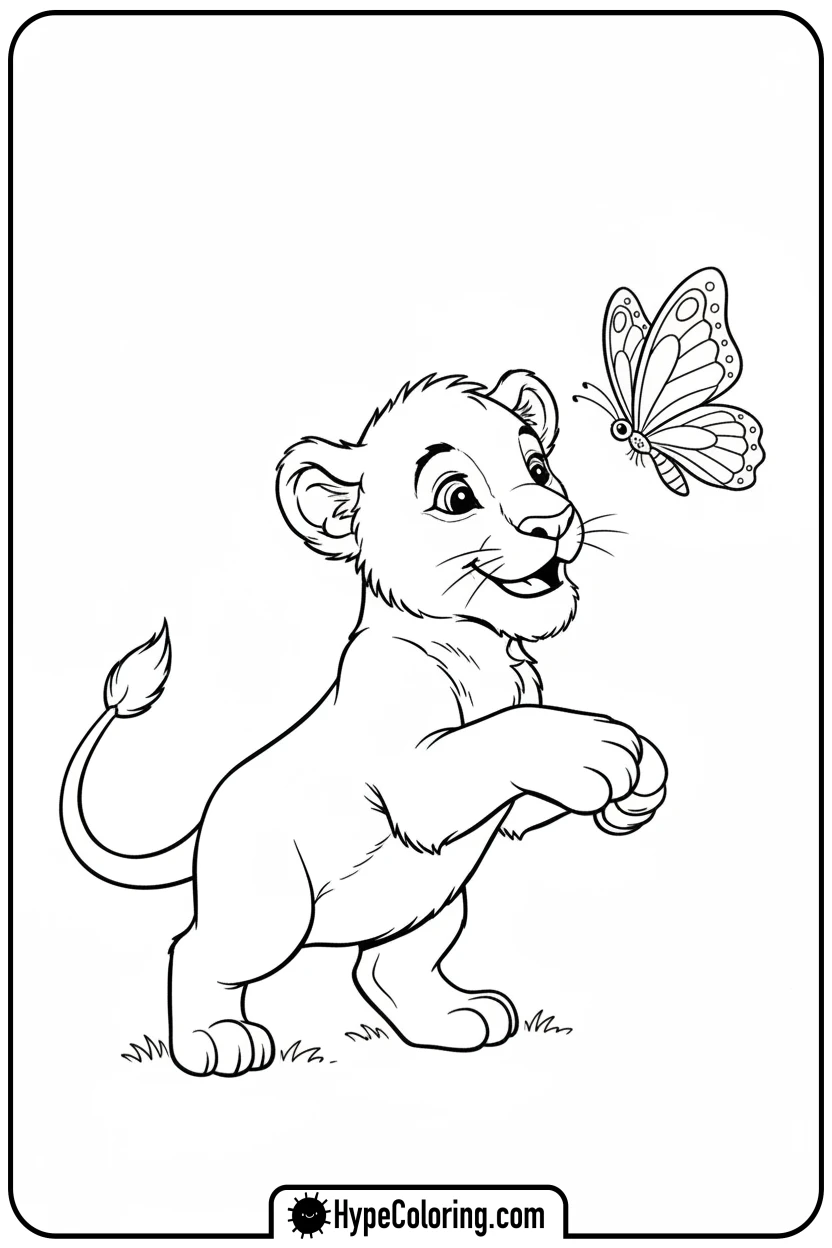 Click to download PDF playful-lion-cub-and-butterfly - coloring pages of savanna animals free printable
