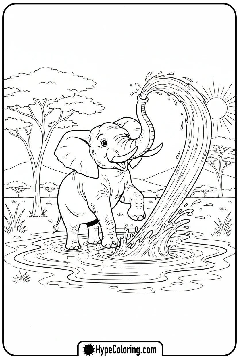 Click to download PDF elephant-spraying-water - coloring pages of savanna animals free printable