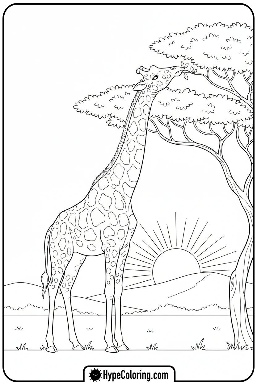 Click to download PDF giraffe-eating-from-tree - coloring pages of savanna animals free printable