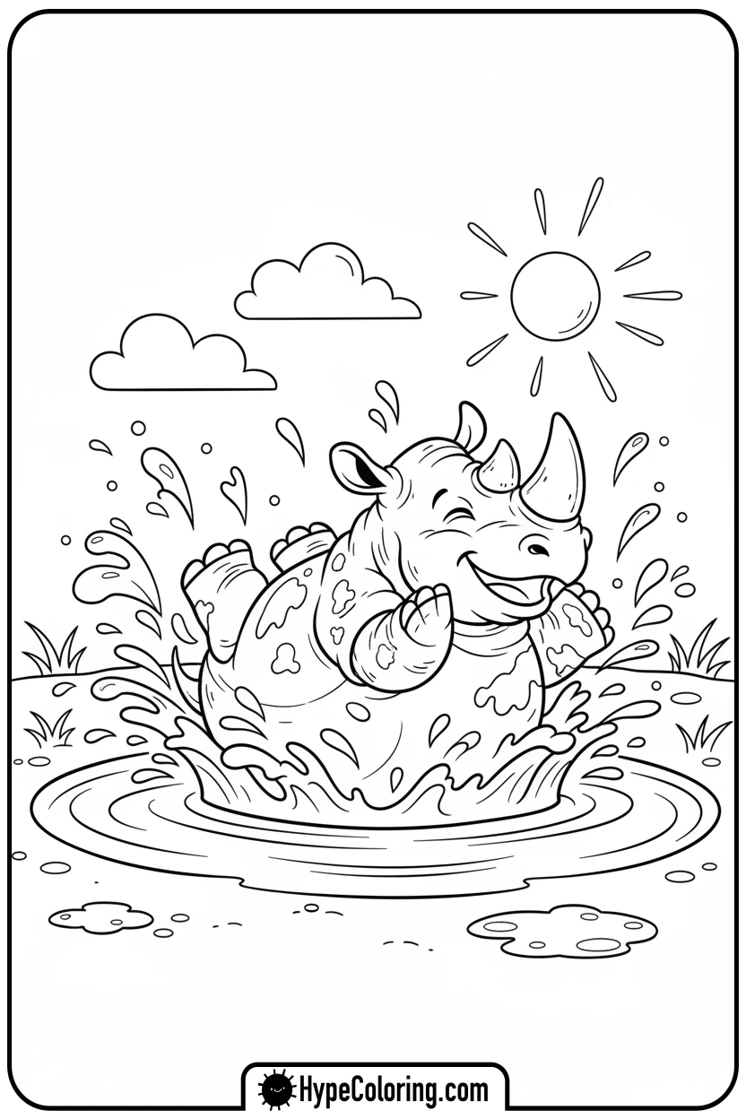 Click to download PDF rhino-mud-bathing - coloring pages of savanna animals free printable