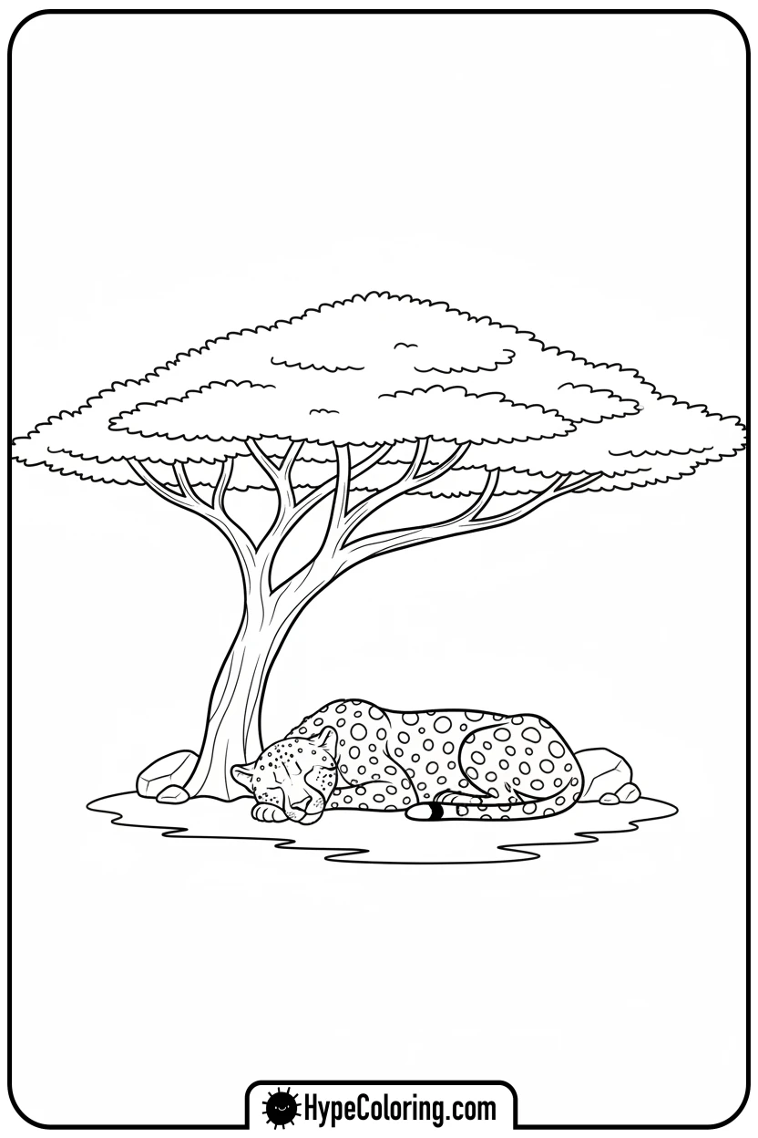 Click to download PDF cheetah-napping-under-tree - coloring pages of savanna animals free printable
