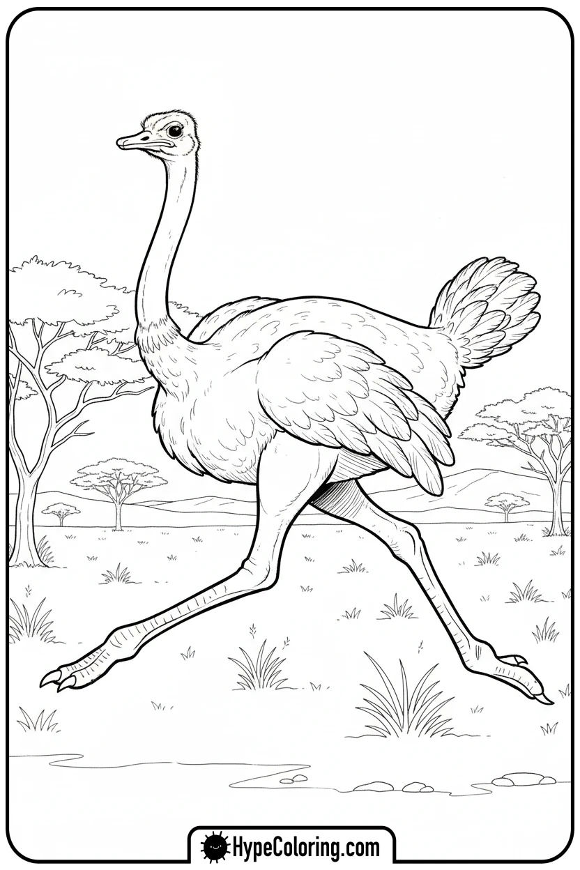 Click to download PDF ostrich-running - coloring pages of savanna animals free printable