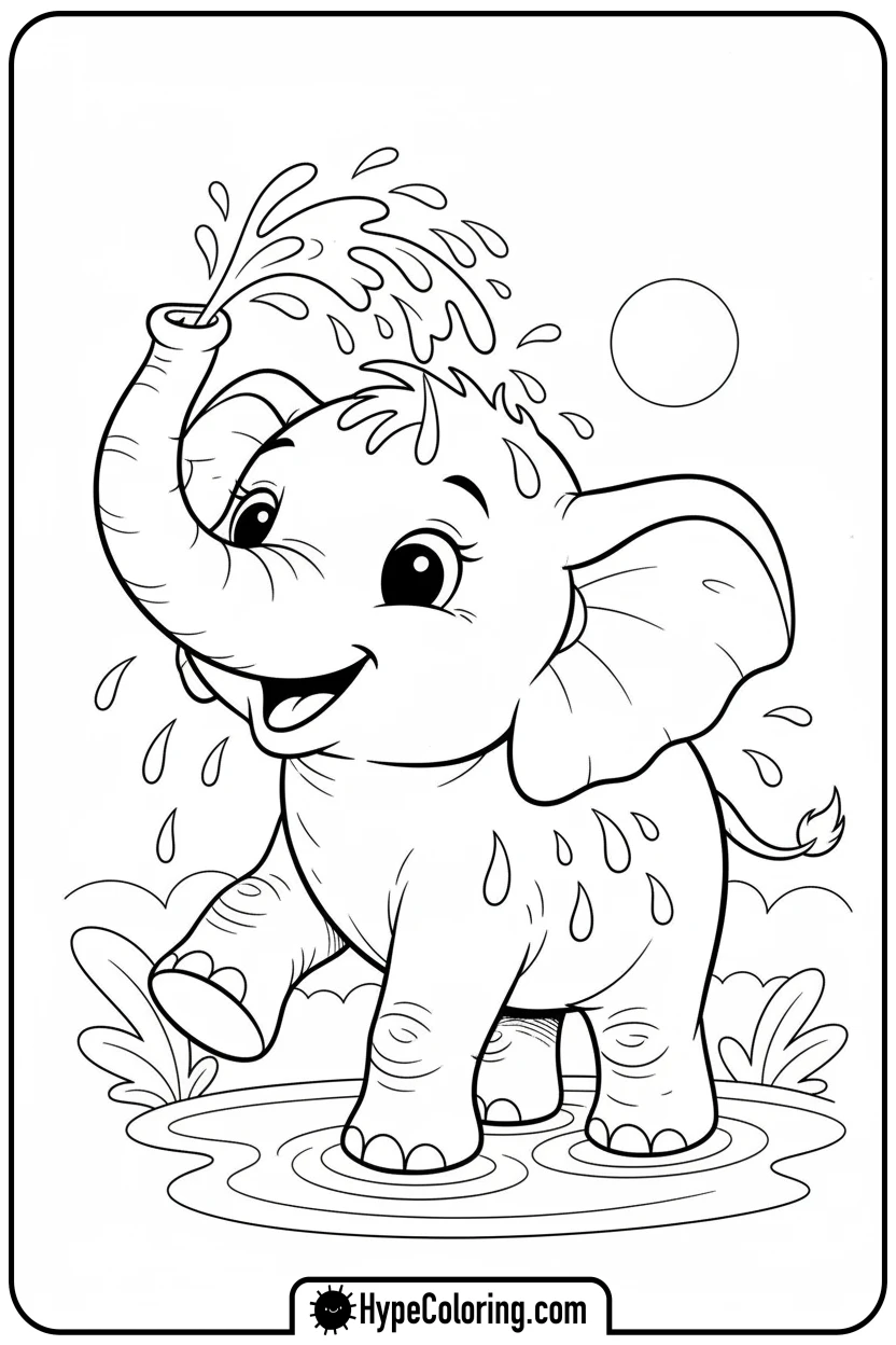 Click to download PDF baby-elephant-splashing - coloring pages of savanna animals free printable