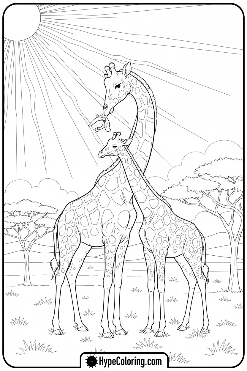 Click to download PDF mother-giraffe-nuzzling-baby - coloring pages of savanna animals free printable