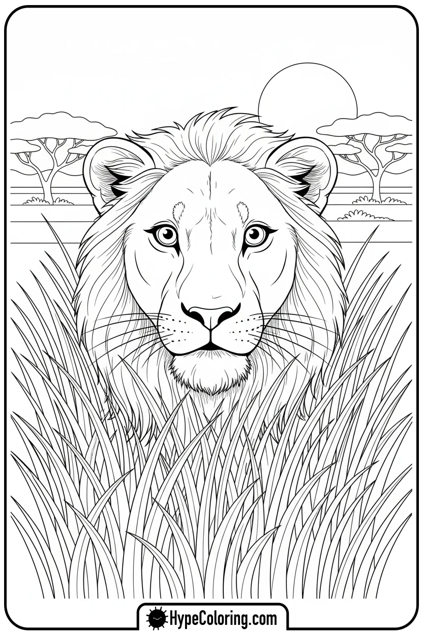 Click to download PDF lioness-peering-from-grass - coloring pages of savanna animals free printable