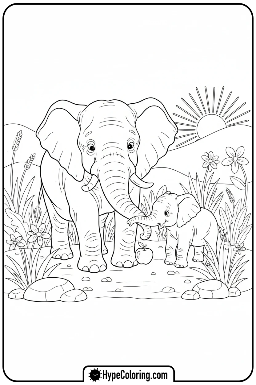 Click to download PDF elephant-teaching-calf - coloring pages of savanna animals free printable