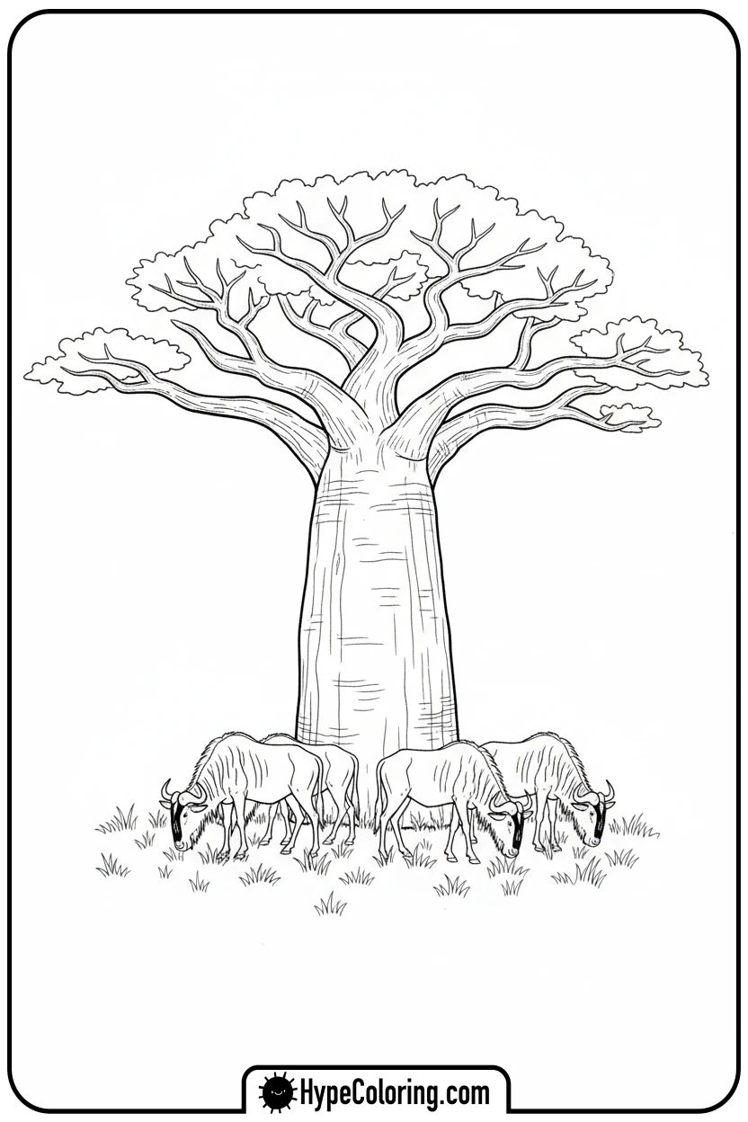 Click to download PDF wildebeest-under-baobab - coloring pages of savanna animals free printable