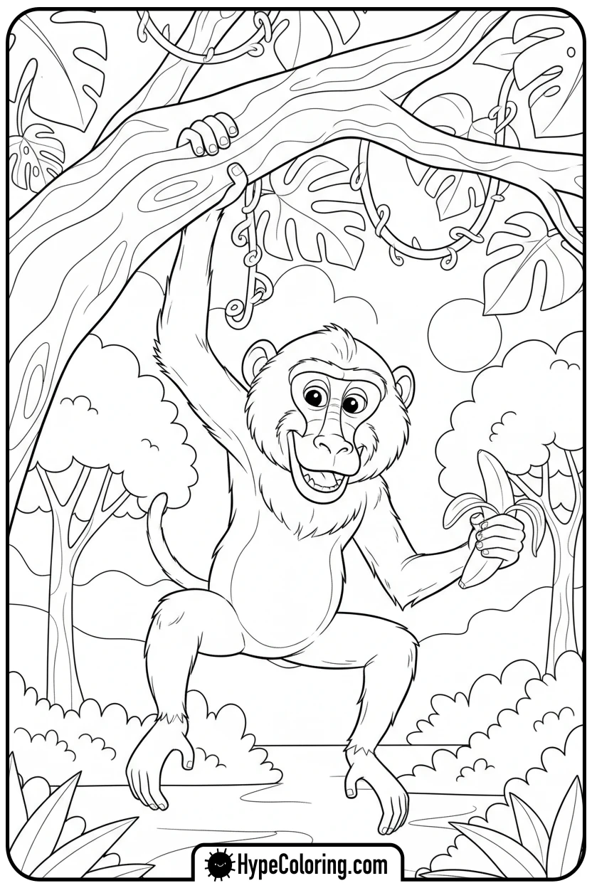 Click to download PDF baboon-swinging-with-banana - coloring pages of savanna animals free printable