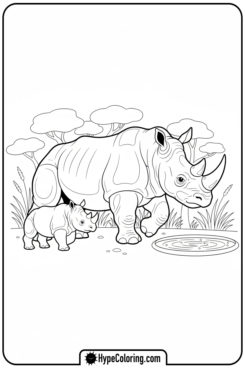 Click to download PDF baby-rhino-following-mom - coloring pages of savanna animals free printable