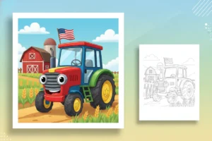 a-happy-cartoon-tractor-with - flag usa coloring page