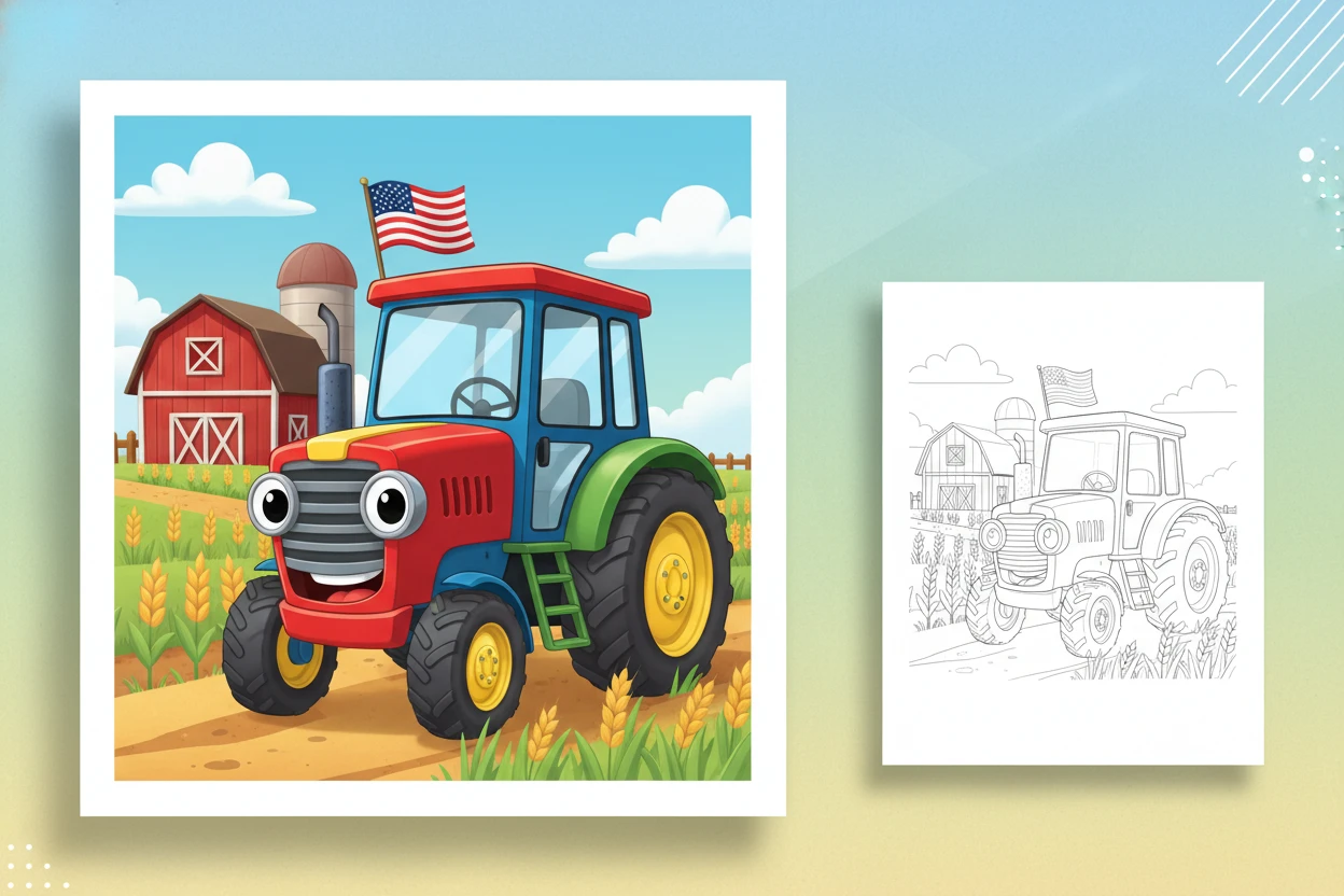 a-happy-cartoon-tractor-with - flag usa coloring page