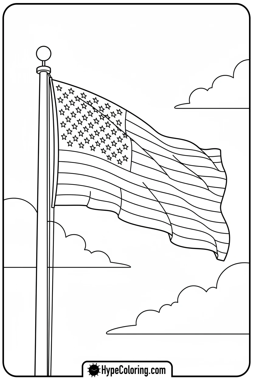 Click to download PDF waving-us-flag-on-pole - flag usa coloring page