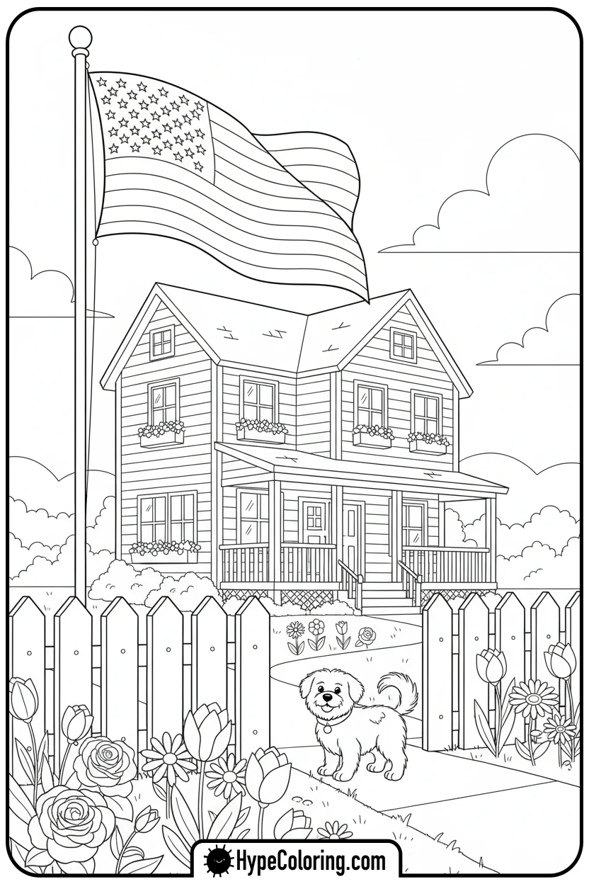 Click to download PDF flag-on-a-house-with-dog - flag usa coloring page
