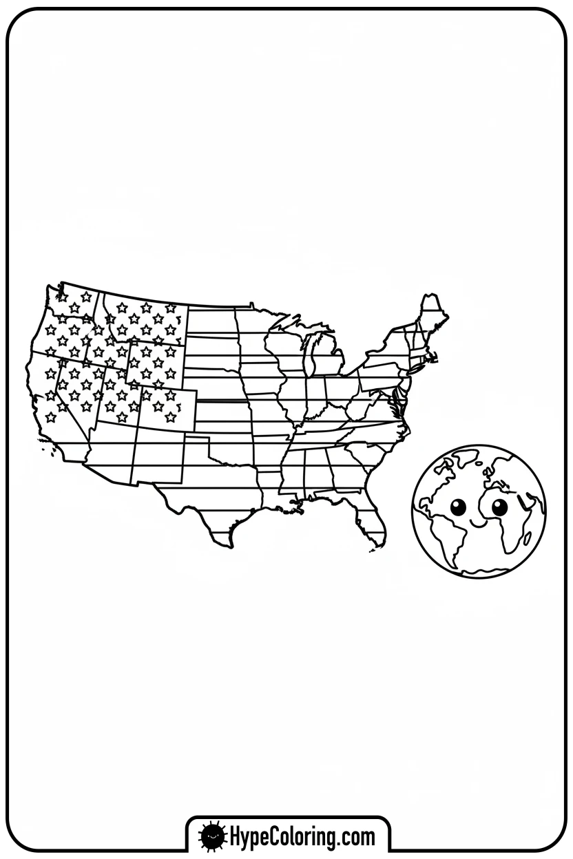 Click to download PDF usa-flag-map-with-globe - flag usa coloring page