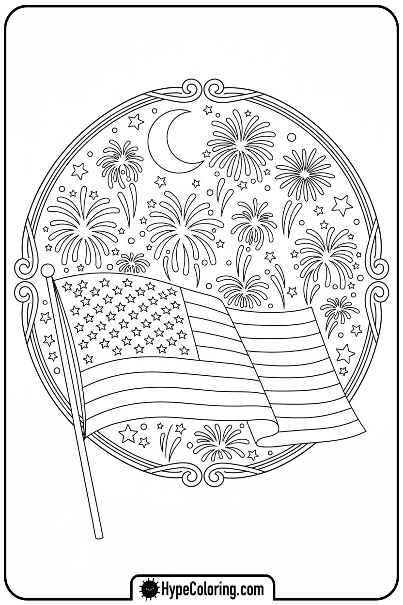 Click to download PDF flag-with-fireworks - flag usa coloring page
