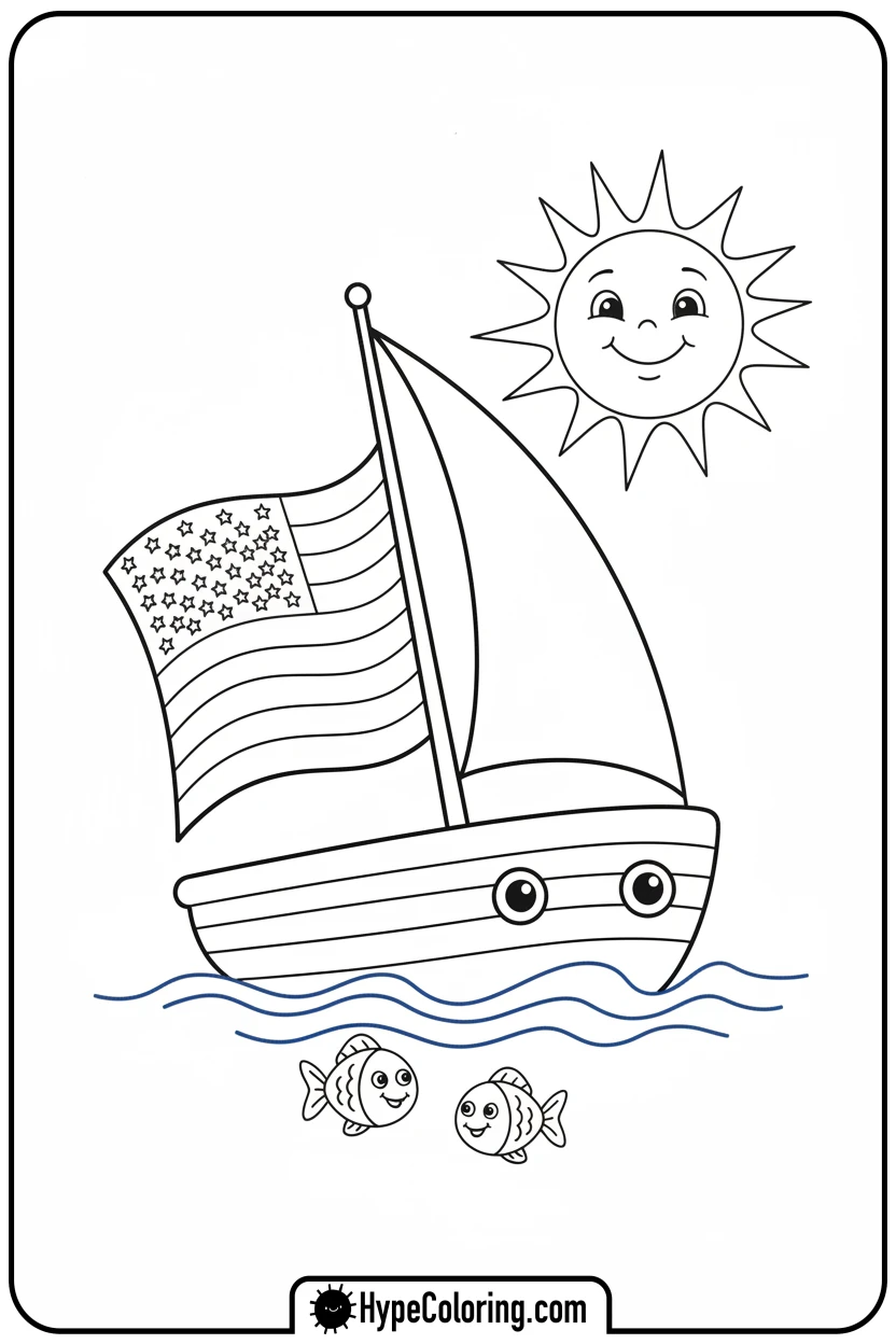Click to download PDF flag-sailboat-on-water - flag usa coloring page