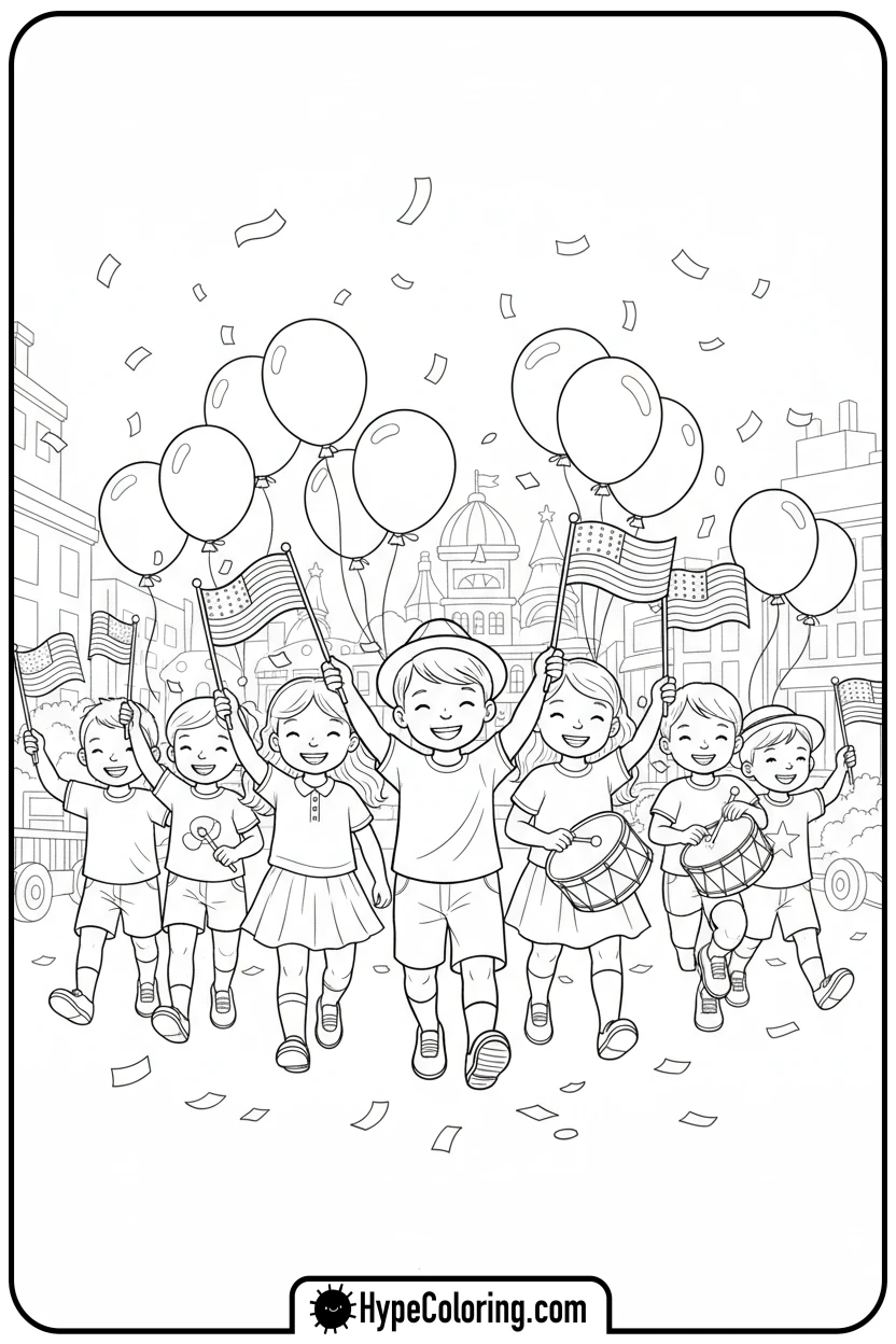 Click to download PDF children-s-flag-parade - flag usa coloring page
