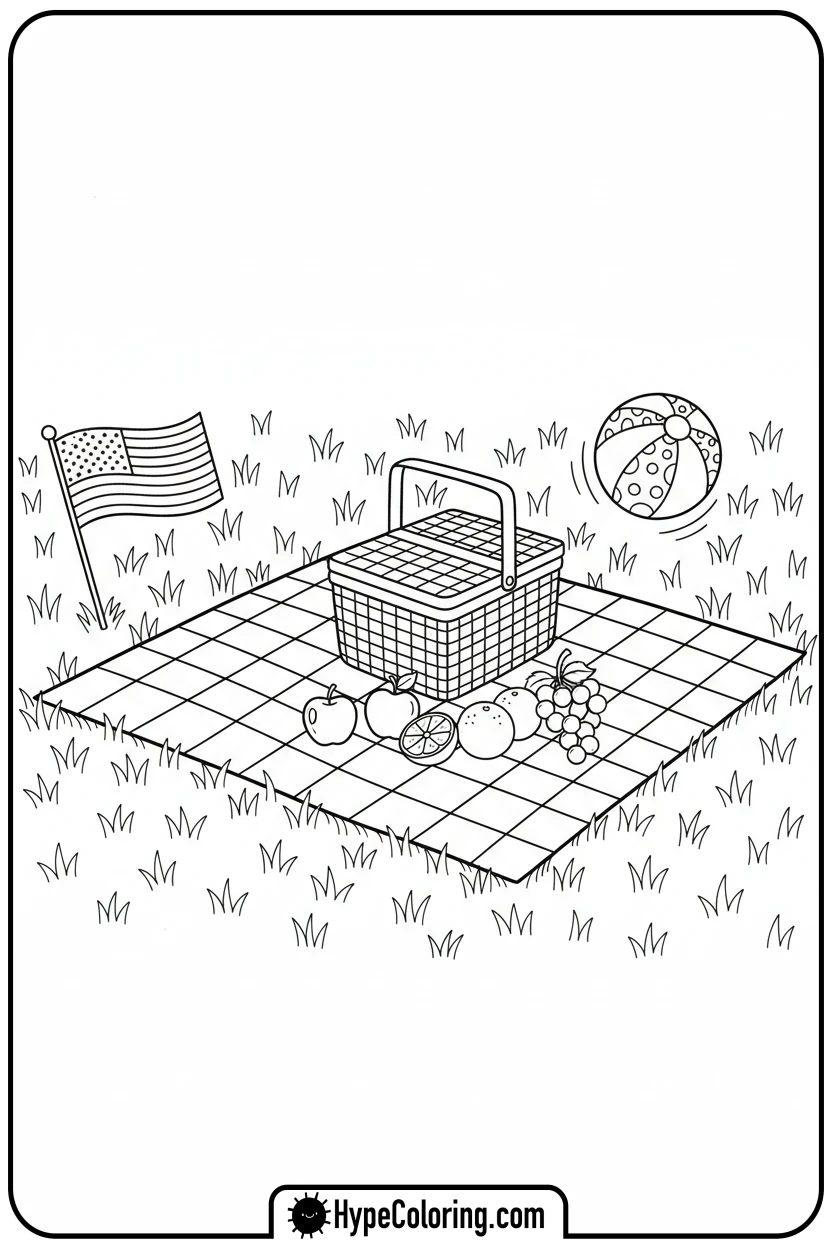 Click to download PDF flag-picnic-scene - flag usa coloring page