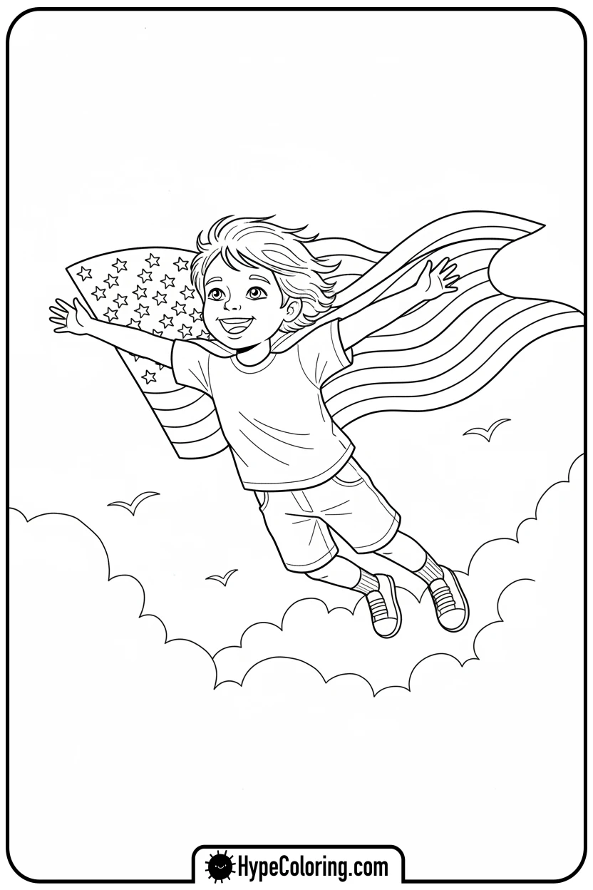 Click to download PDF child-with-flag-cape - flag usa coloring page