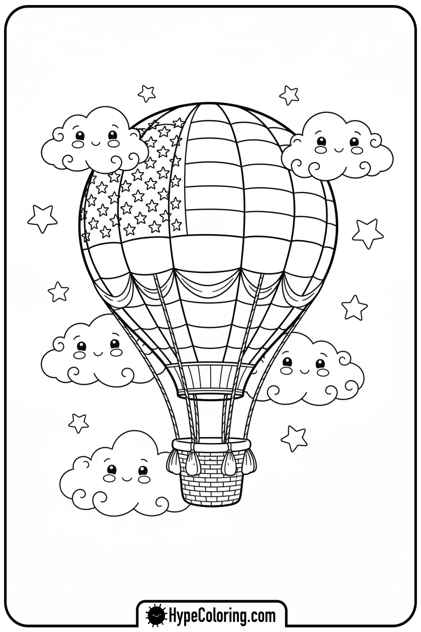 Click to download PDF flag-hot-air-balloon - flag usa coloring page