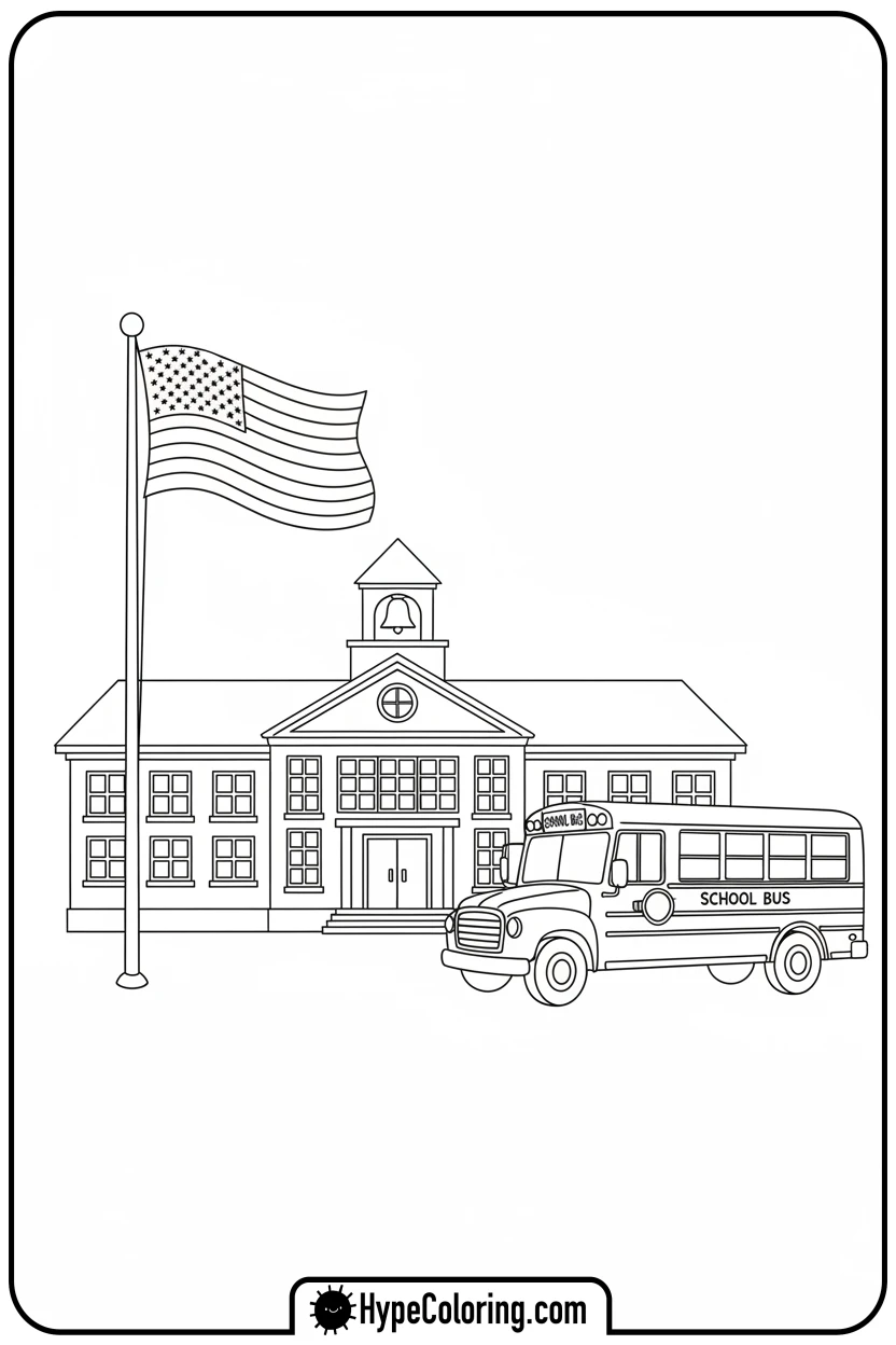 Click to download PDF flag-at-school-with-bus - flag usa coloring page