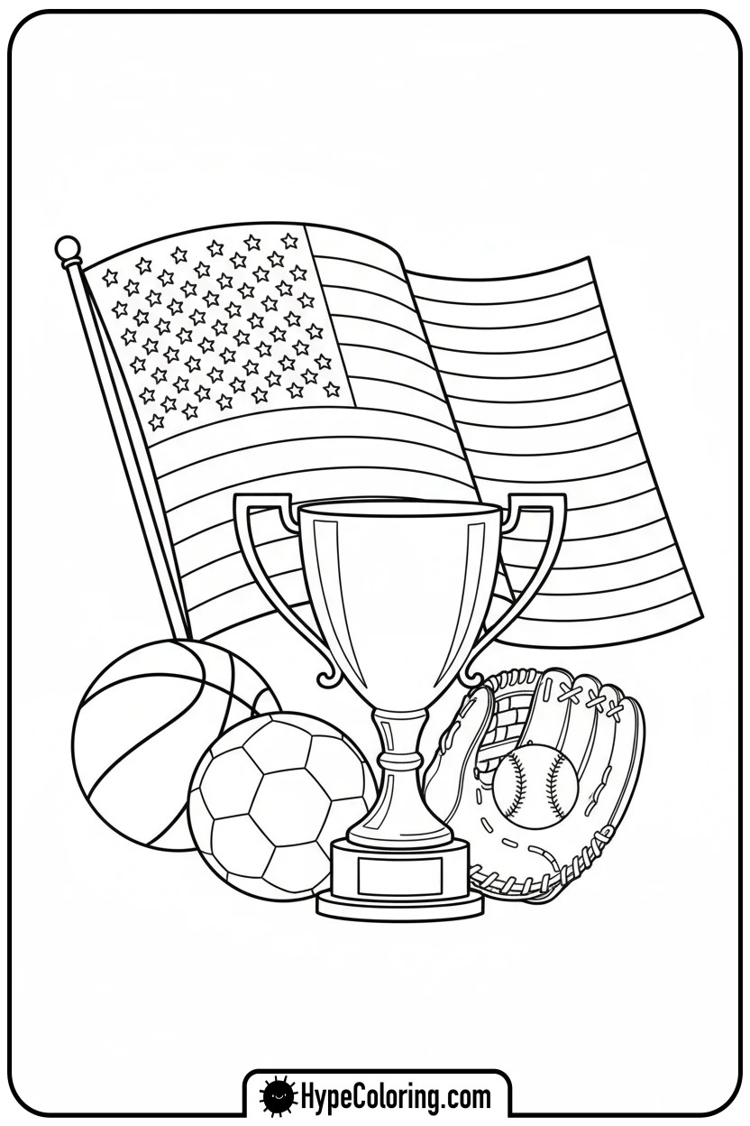 Click to download PDF flag-and-sports-equipment - flag usa coloring page