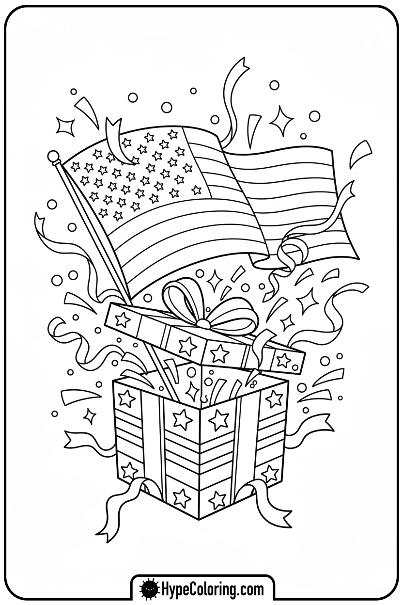 Click to download PDF flag-from-gift-box - flag usa coloring page
