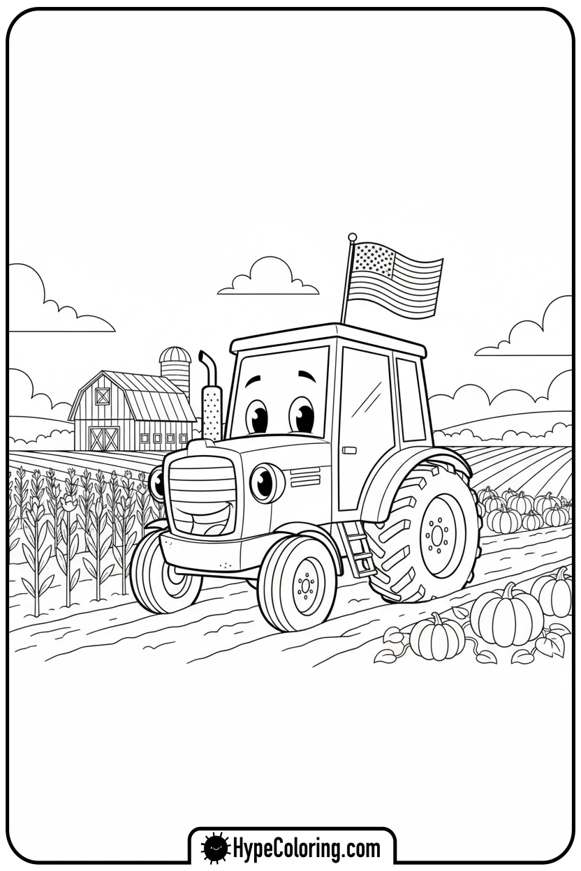 Click to download PDF tractor-with-us-flag - flag usa coloring page