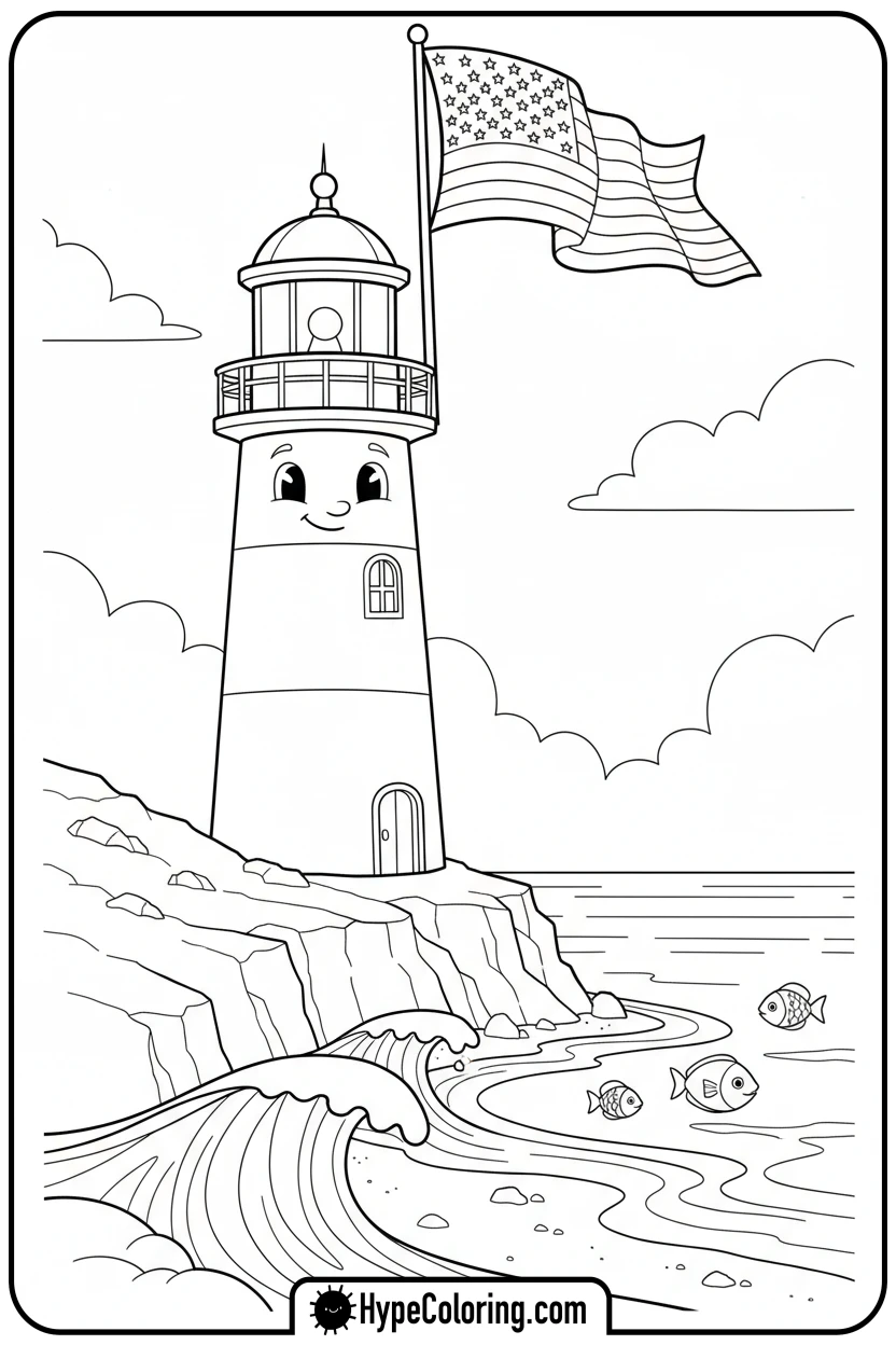 Click to download PDF flag-by-lighthouse - flag usa coloring page