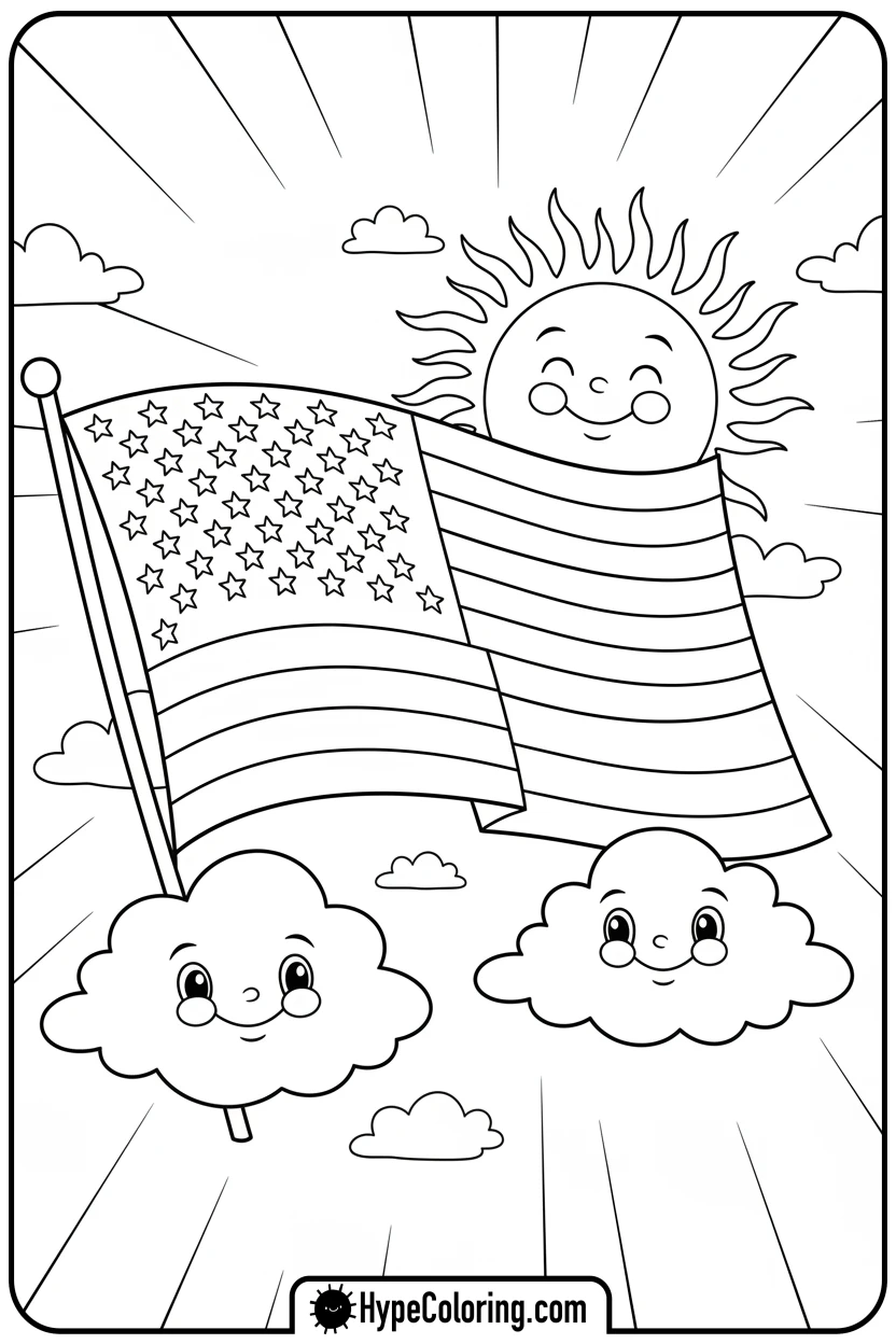 Click to download PDF flag-with-smiling-clouds - flag usa coloring page
