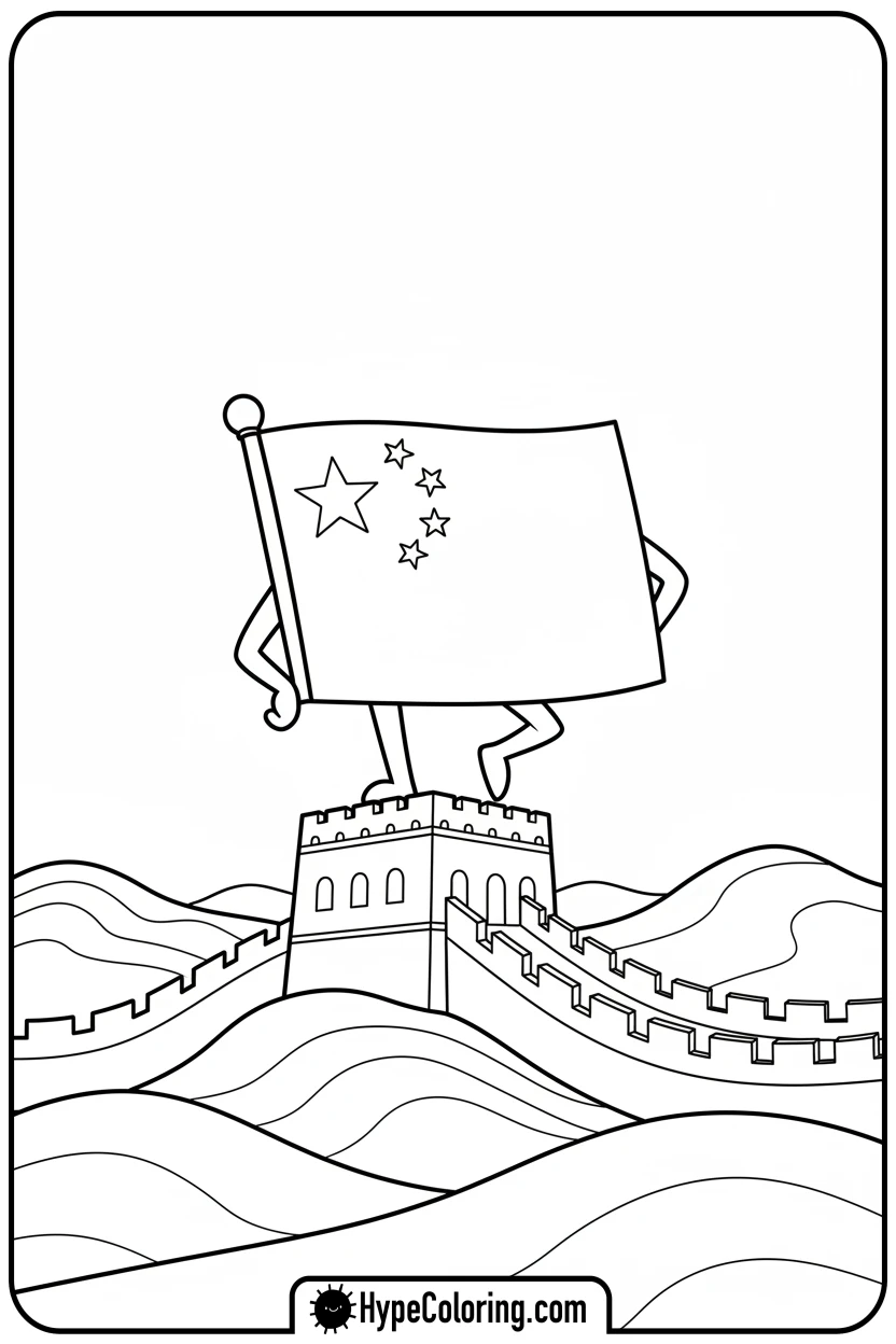 Click to download PDF chinese-flag-on-great-wall - chinese flag coloring page