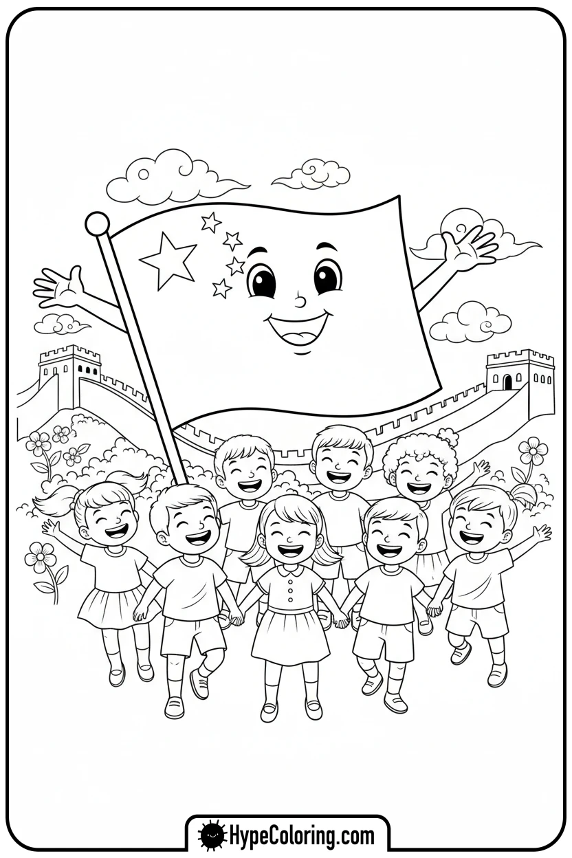Click to download PDF chinese-flag-hugging-children - chinese flag coloring page