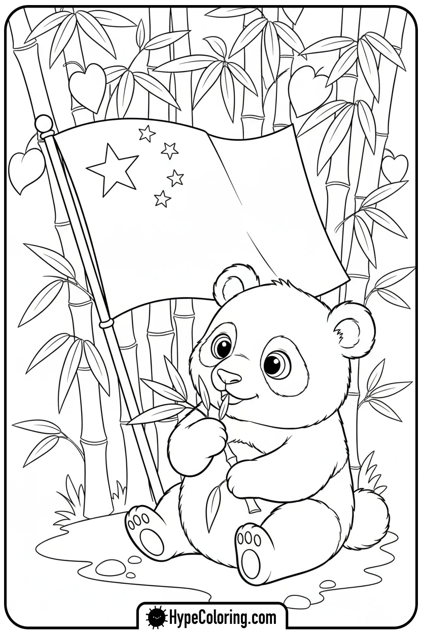 Click to download PDF chinese-flag-with-baby-panda - chinese flag coloring page