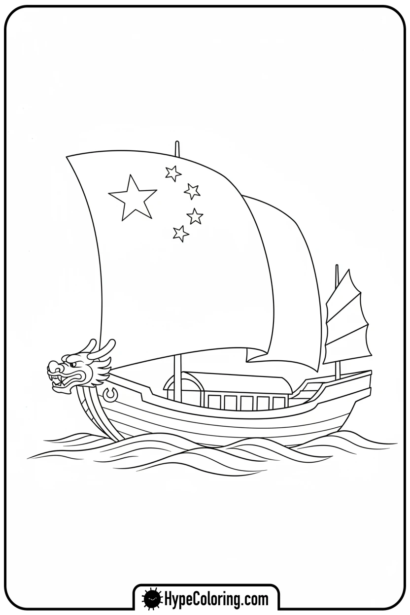 Click to download PDF chinese-flag-sailing-on-boat - chinese flag coloring page