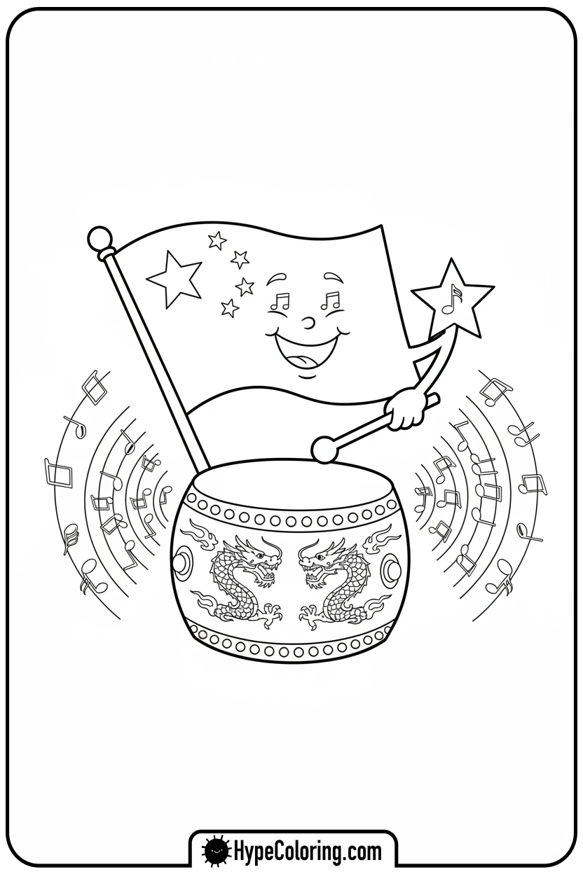 Click to download PDF chinese-flag-playing-drum - chinese flag coloring page
