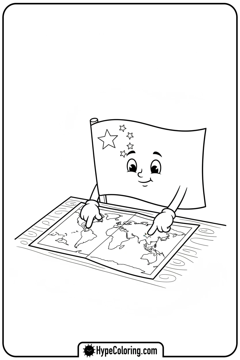 Click to download PDF chinese-flag-exploring-world-map - chinese flag coloring page