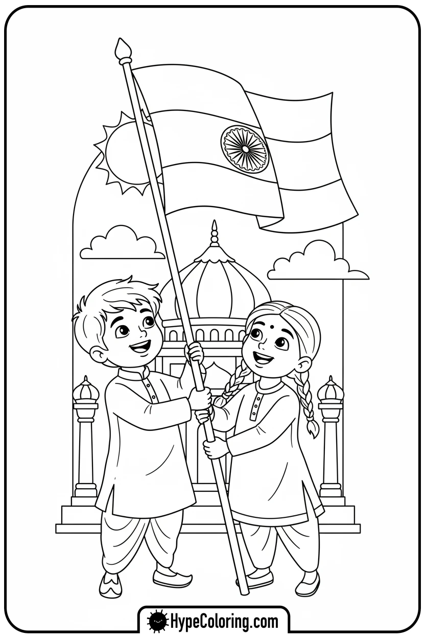 children-holding-india-flag-together - india flag coloring page
