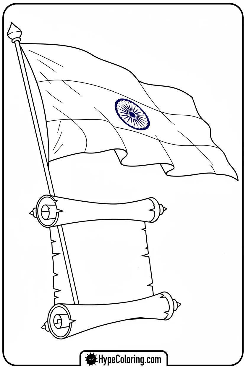 india-flag-unfurling-from-scroll - india flag coloring page
