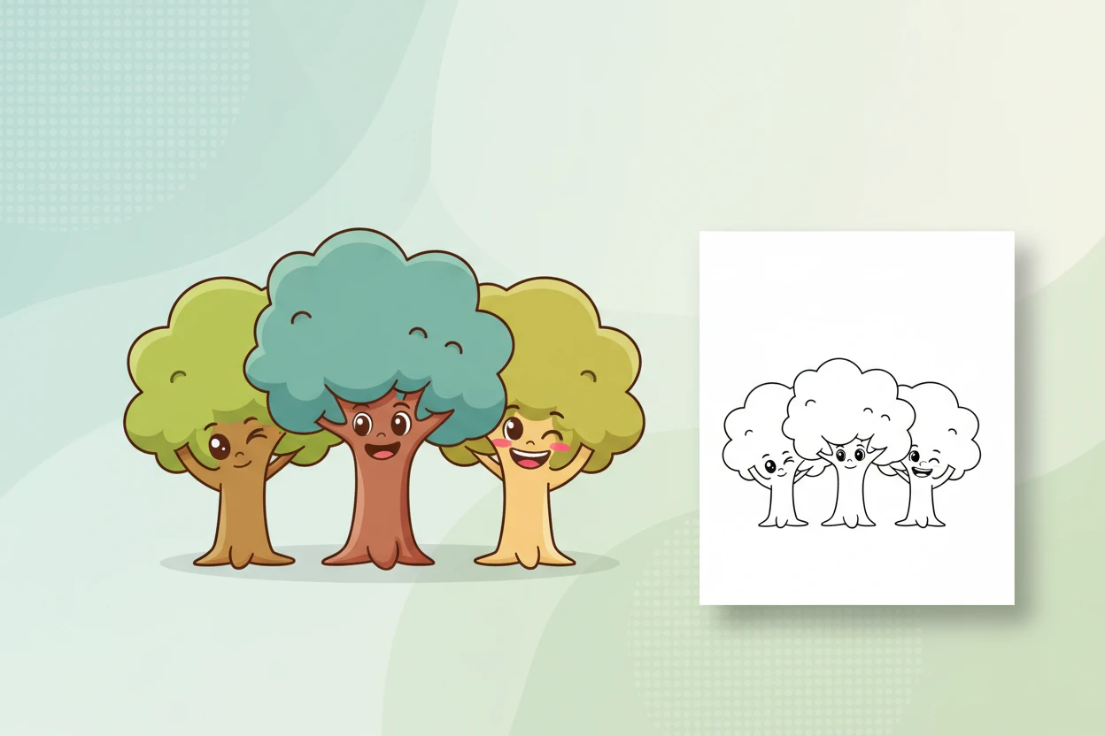 three-cheerful-cartoon-style-trees-each - coloring book pages trees